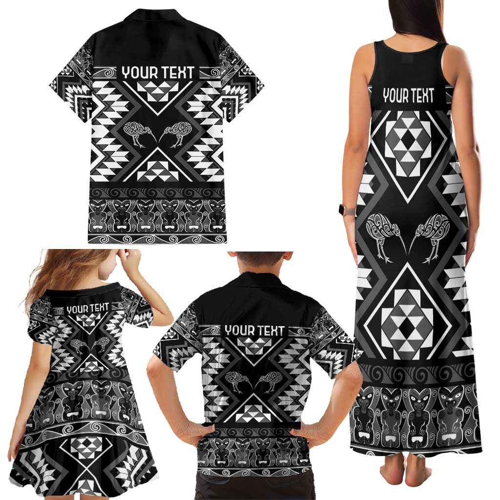 Personalised Taniko Motifs Aotearoa Family Matching Tank Maxi Dress and Hawaiian Shirt Waitangi Kowhaiwhai Kiwi - Monochrome