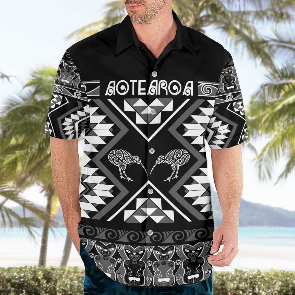 Personalised Taniko Motifs Aotearoa Hawaiian Shirt Waitangi Kowhaiwhai Kiwi - Monochrome - Vibe Hoodie Shop