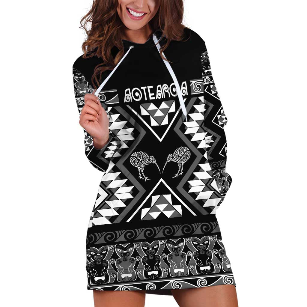 Personalised Taniko Motifs Aotearoa Hoodie Dress Waitangi Kowhaiwhai Kiwi - Monochrome - Vibe Hoodie Shop