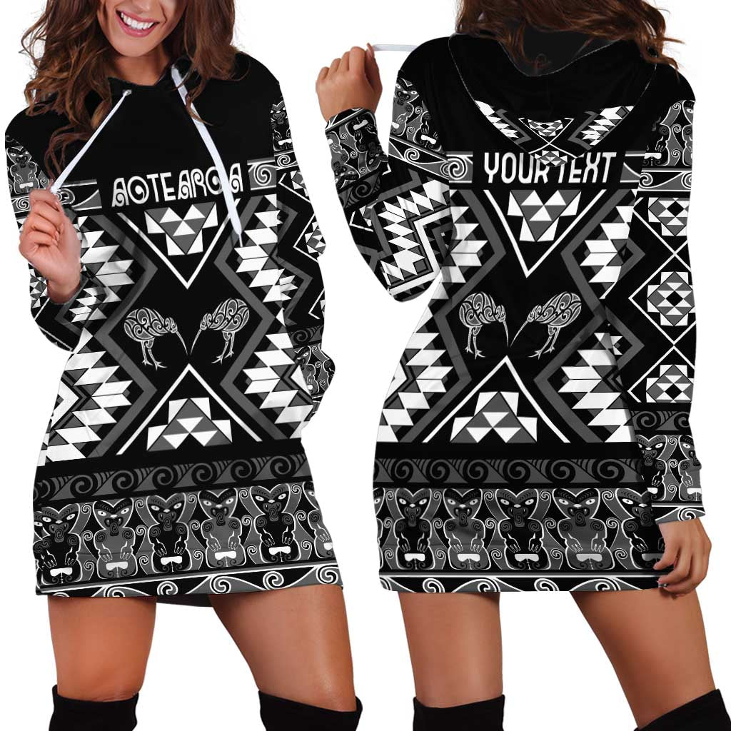 Personalised Taniko Motifs Aotearoa Hoodie Dress Waitangi Kowhaiwhai Kiwi - Monochrome - Vibe Hoodie Shop