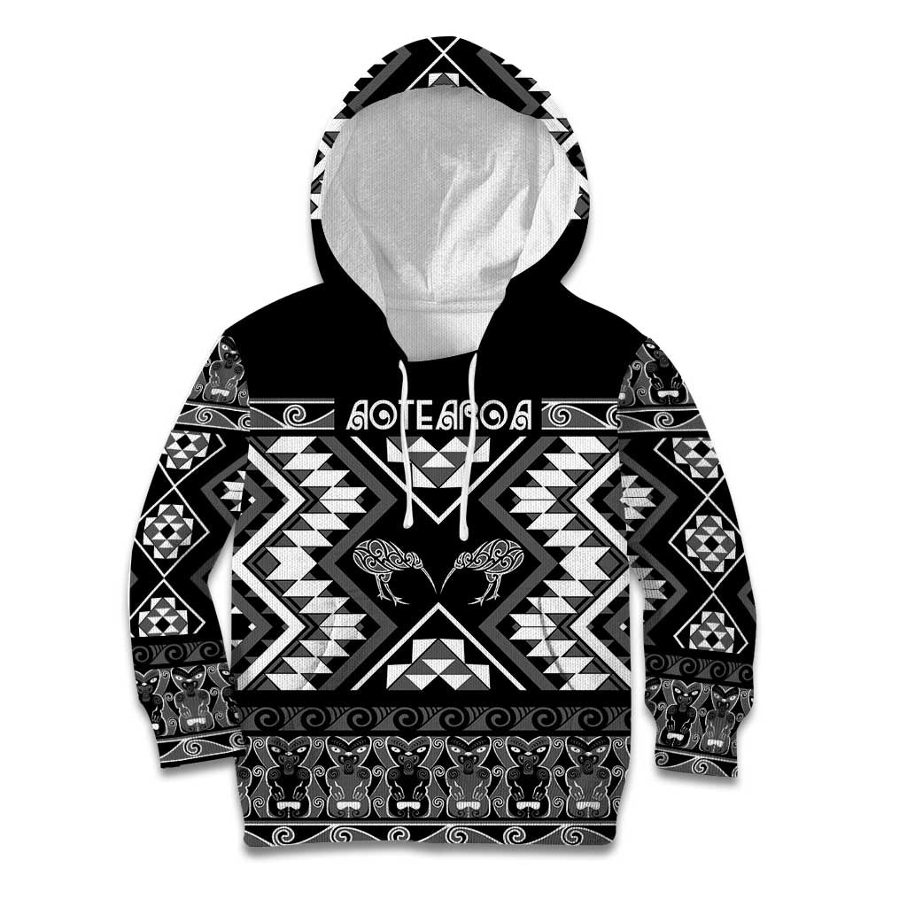 Personalised Taniko Motifs Aotearoa Kid Hoodie Waitangi Kowhaiwhai Kiwi - Monochrome - Vibe Hoodie Shop