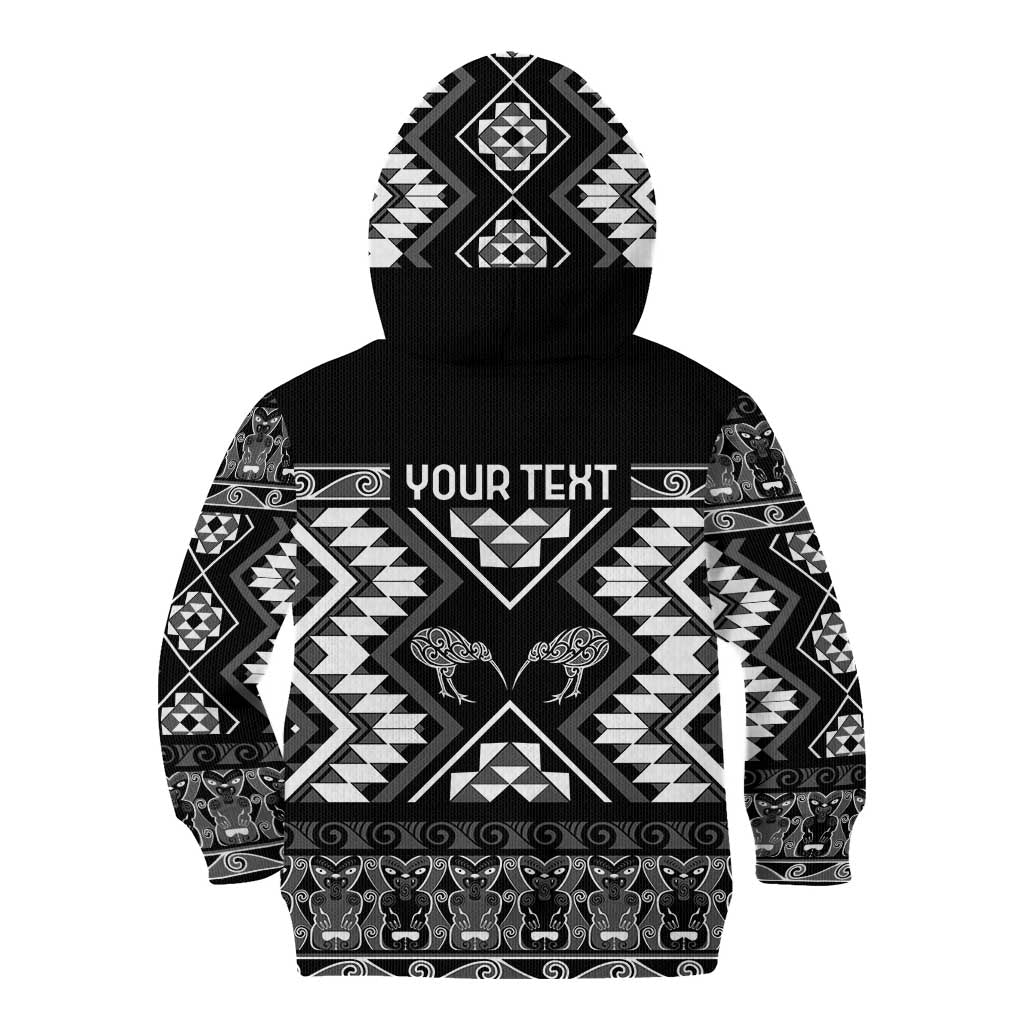 Personalised Taniko Motifs Aotearoa Kid Hoodie Waitangi Kowhaiwhai Kiwi - Monochrome - Vibe Hoodie Shop