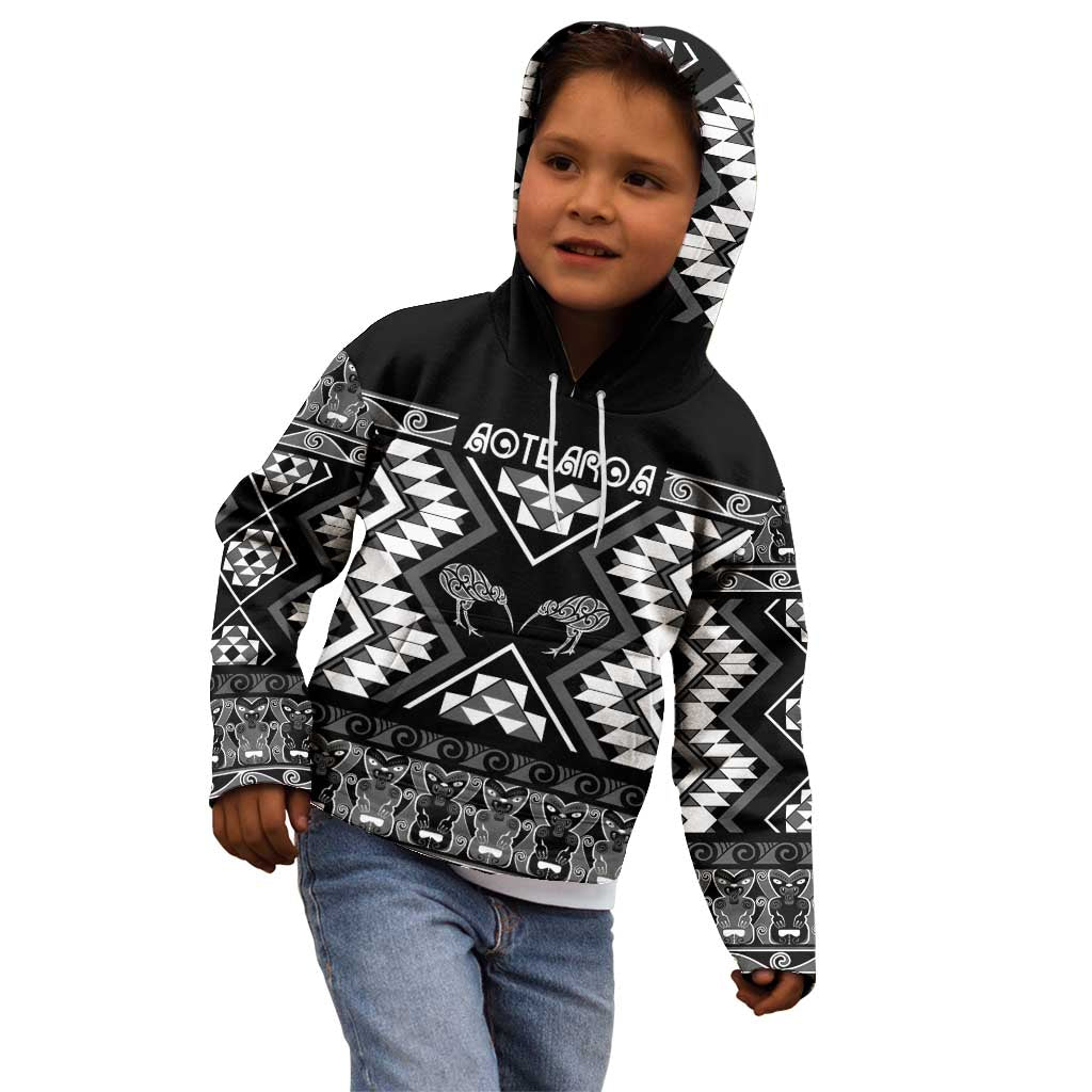 Personalised Taniko Motifs Aotearoa Kid Hoodie Waitangi Kowhaiwhai Kiwi - Monochrome - Vibe Hoodie Shop