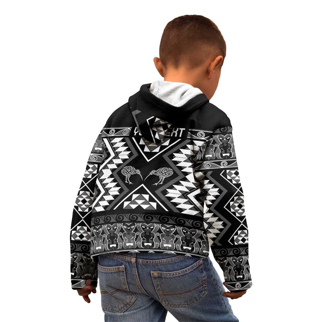 Personalised Taniko Motifs Aotearoa Kid Hoodie Waitangi Kowhaiwhai Kiwi - Monochrome - Vibe Hoodie Shop