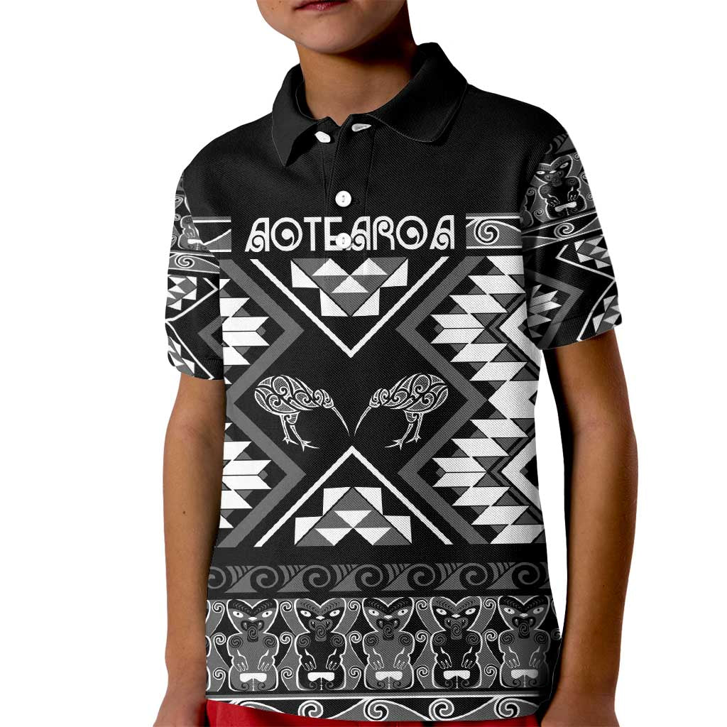 Personalised Taniko Motifs Aotearoa Kid Polo Shirt Waitangi Kowhaiwhai Kiwi - Monochrome - Vibe Hoodie Shop