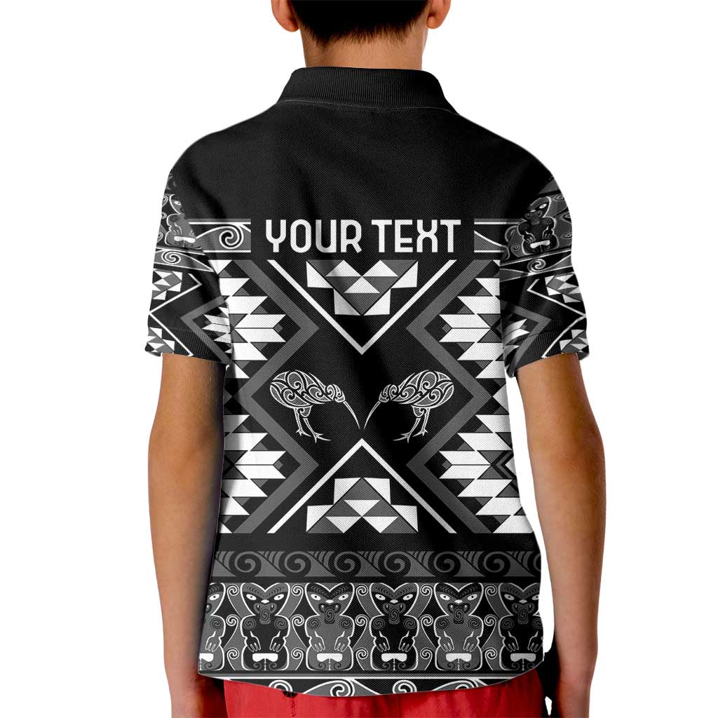 Personalised Taniko Motifs Aotearoa Kid Polo Shirt Waitangi Kowhaiwhai Kiwi - Monochrome - Vibe Hoodie Shop