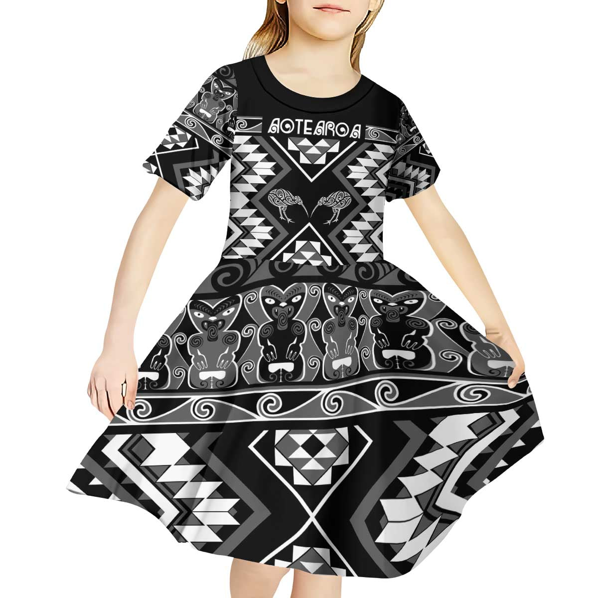 Personalised Taniko Motifs Aotearoa Kid Short Sleeve Dress Waitangi Kowhaiwhai Kiwi - Monochrome - Vibe Hoodie Shop