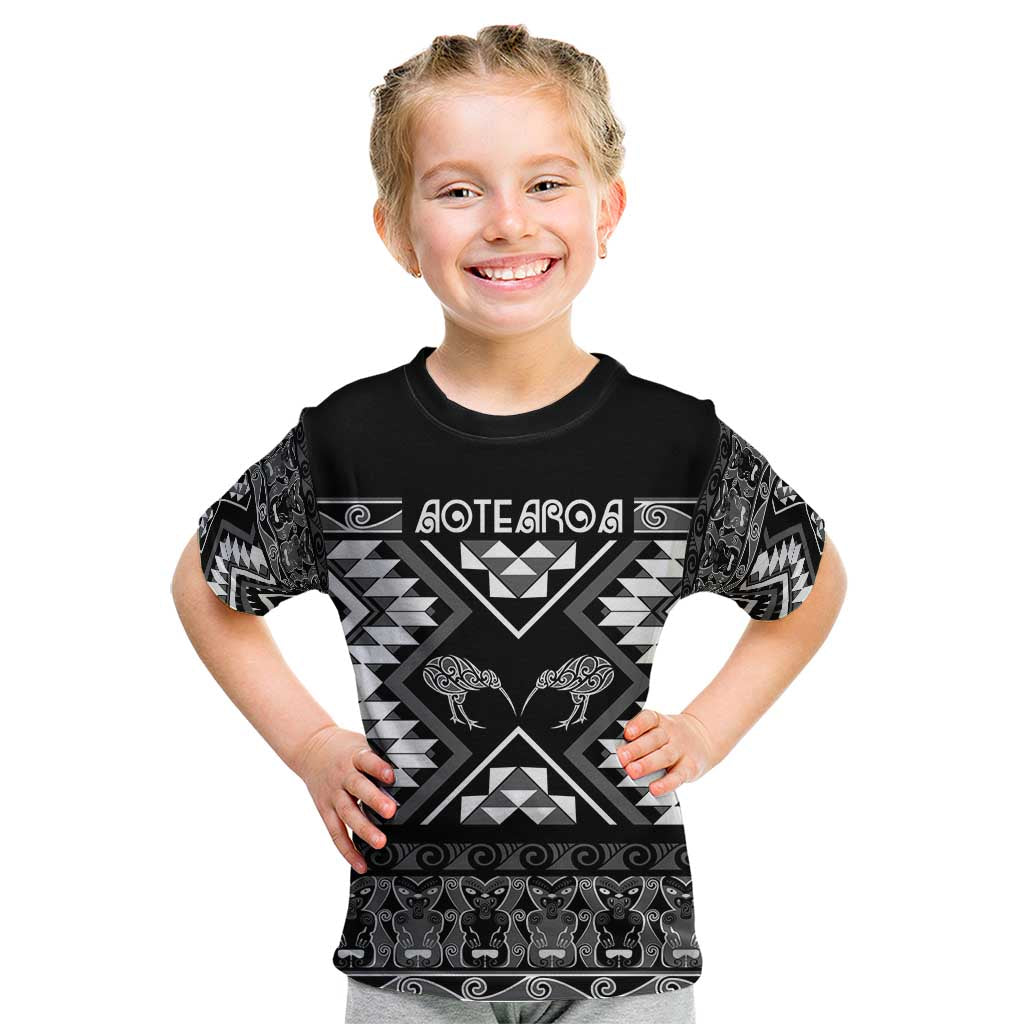 Personalised Taniko Motifs Aotearoa Kid T Shirt Waitangi Kowhaiwhai Kiwi - Monochrome - Vibe Hoodie Shop