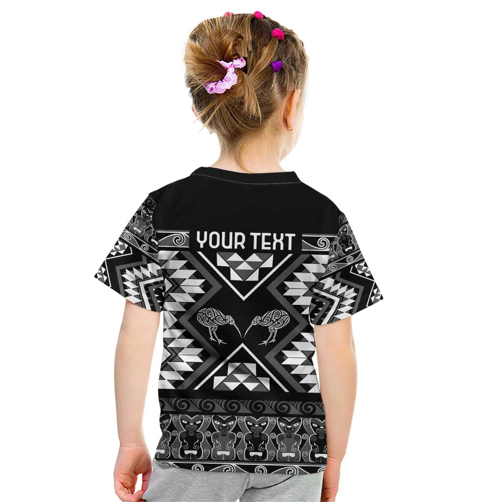Personalised Taniko Motifs Aotearoa Kid T Shirt Waitangi Kowhaiwhai Kiwi - Monochrome - Vibe Hoodie Shop