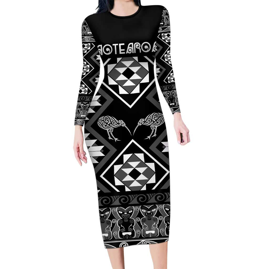 Personalised Taniko Motifs Aotearoa Long Sleeve Bodycon Dress Waitangi Kowhaiwhai Kiwi - Monochrome