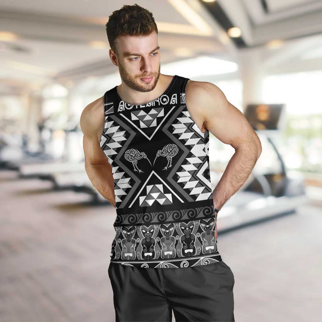 Personalised Taniko Motifs Aotearoa Men Tank Top Waitangi Kowhaiwhai Kiwi - Monochrome - Vibe Hoodie Shop