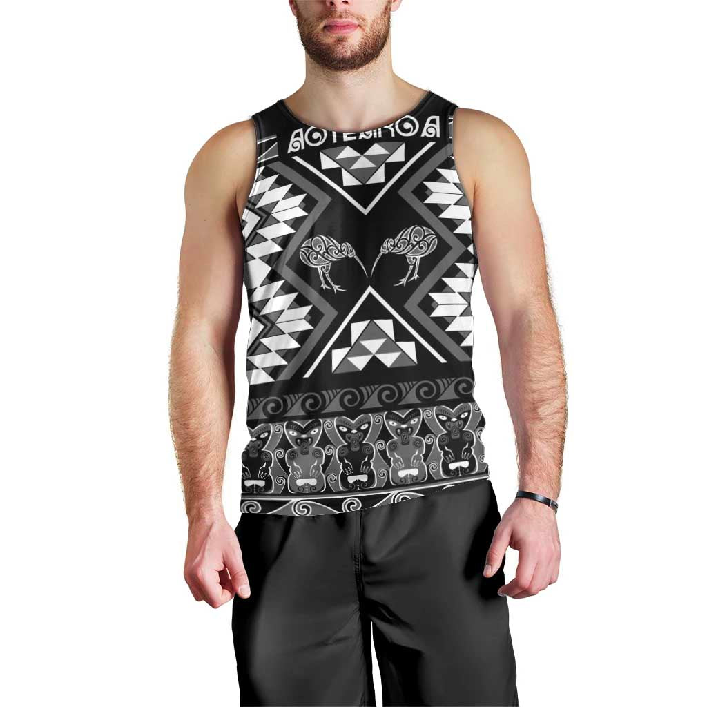 Personalised Taniko Motifs Aotearoa Men Tank Top Waitangi Kowhaiwhai Kiwi - Monochrome - Vibe Hoodie Shop