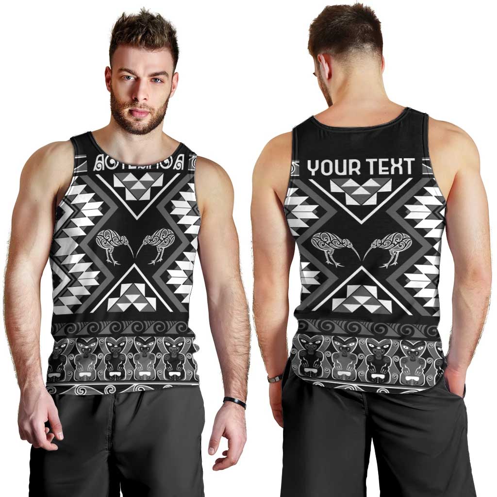 Personalised Taniko Motifs Aotearoa Men Tank Top Waitangi Kowhaiwhai Kiwi - Monochrome - Vibe Hoodie Shop