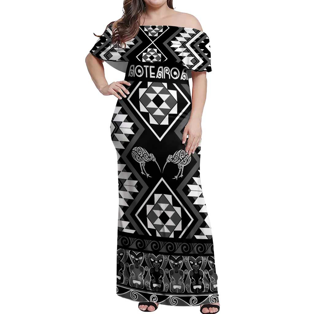 Personalised Taniko Motifs Aotearoa Off Shoulder Maxi Dress Waitangi Kowhaiwhai Kiwi - Monochrome