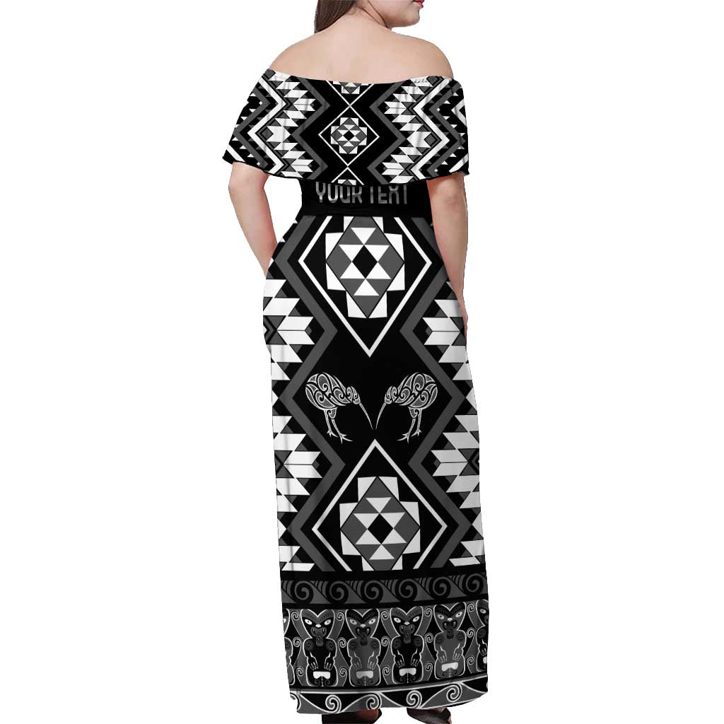 Personalised Taniko Motifs Aotearoa Off Shoulder Maxi Dress Waitangi Kowhaiwhai Kiwi - Monochrome