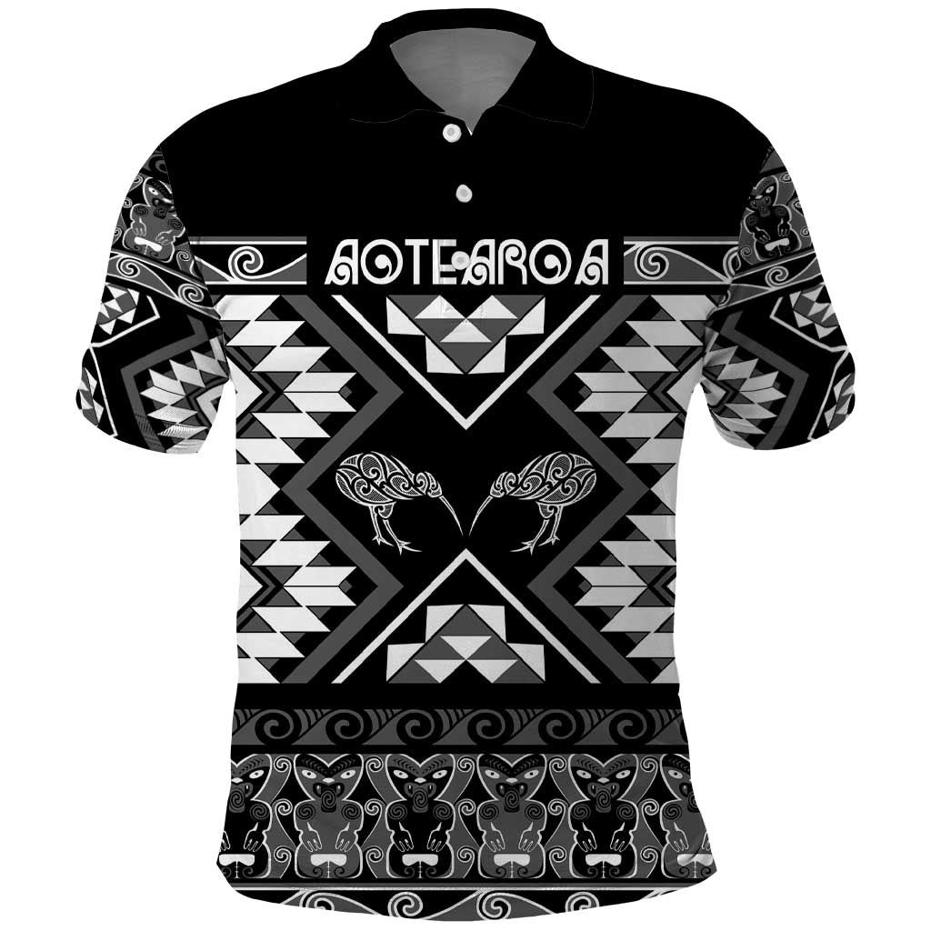 Personalised Taniko Motifs Aotearoa Polo Shirt Waitangi Kowhaiwhai Kiwi - Monochrome - Vibe Hoodie Shop