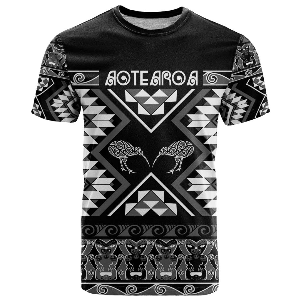 Personalised Taniko Motifs Aotearoa T Shirt Waitangi Kowhaiwhai Kiwi - Monochrome - Vibe Hoodie Shop