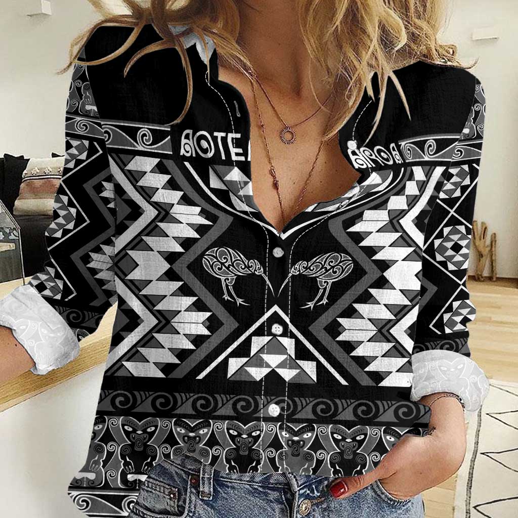 Personalised Taniko Motifs Aotearoa Women Casual Shirt Waitangi Kowhaiwhai Kiwi - Monochrome - Vibe Hoodie Shop