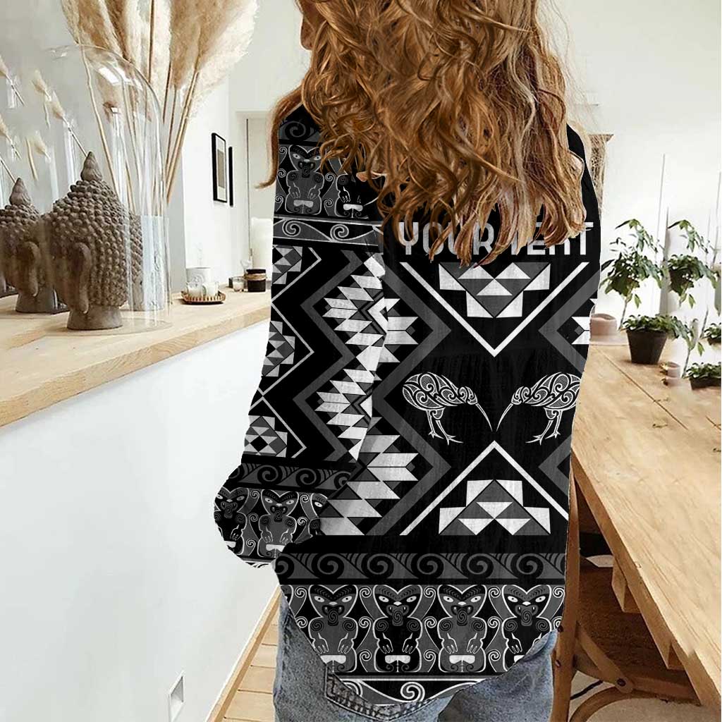 Personalised Taniko Motifs Aotearoa Women Casual Shirt Waitangi Kowhaiwhai Kiwi - Monochrome - Vibe Hoodie Shop