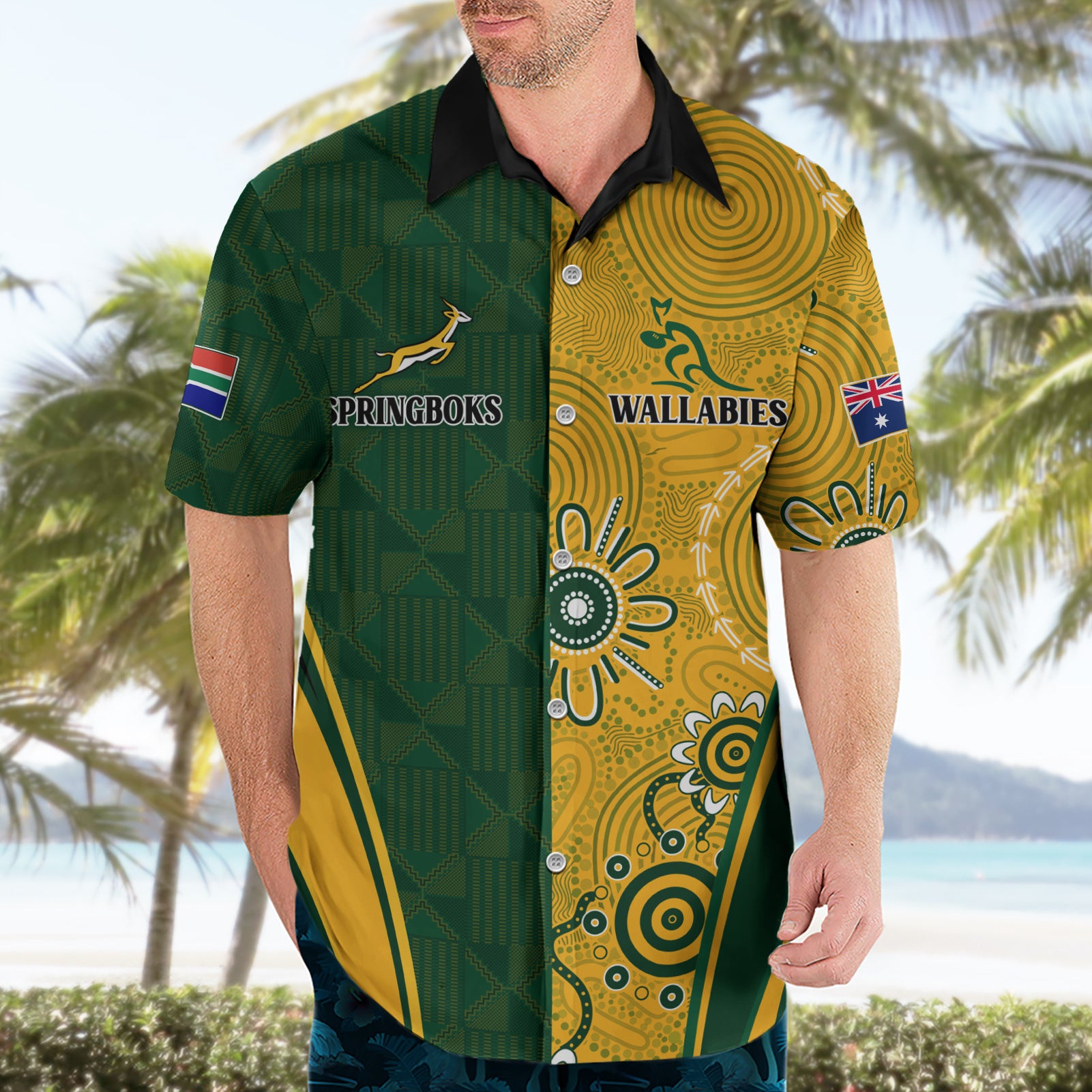 Personalised Australia Mix South Africa Rugby Hawaiian Shirt Wallabies And Springboks - Champions Indigenous Ver - Vibe Hoodie Shop