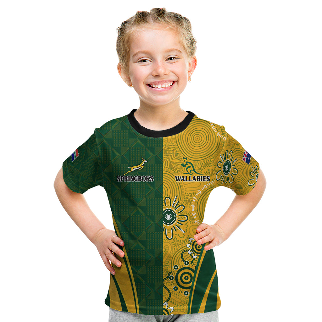 Personalised Australia Mix South Africa Rugby Kid T Shirt Wallabies And Springboks - Champions Indigenous Ver - Vibe Hoodie Shop