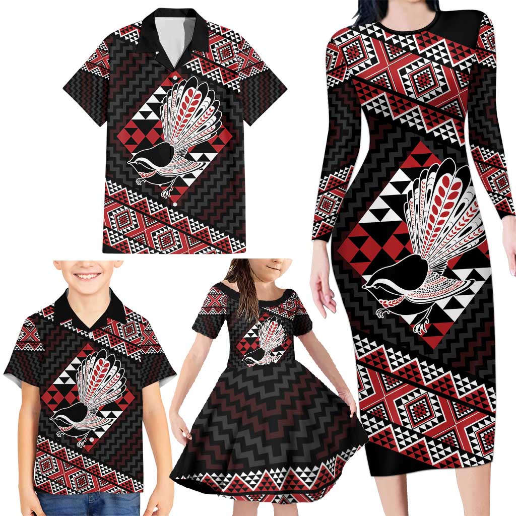 Taniko Aotearoa Family Matching Long Sleeve Bodycon Dress and Hawaiian Shirt Poutama Mix Piwakawaka