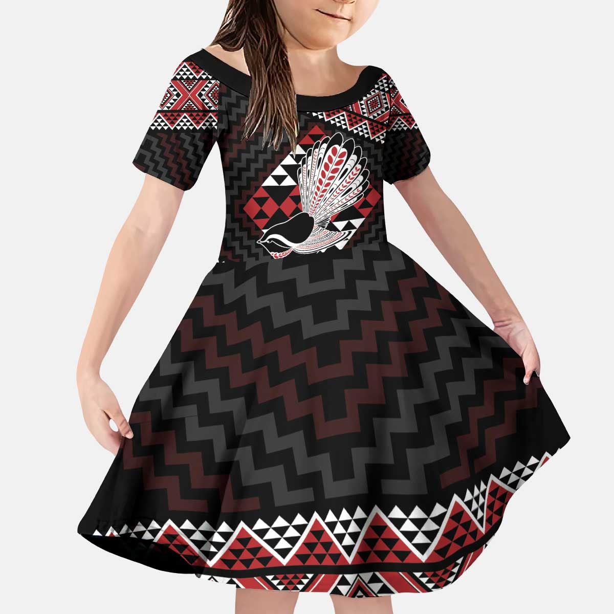 Taniko Aotearoa Kid Short Sleeve Dress Poutama Mix Piwakawaka - Vibe Hoodie Shop