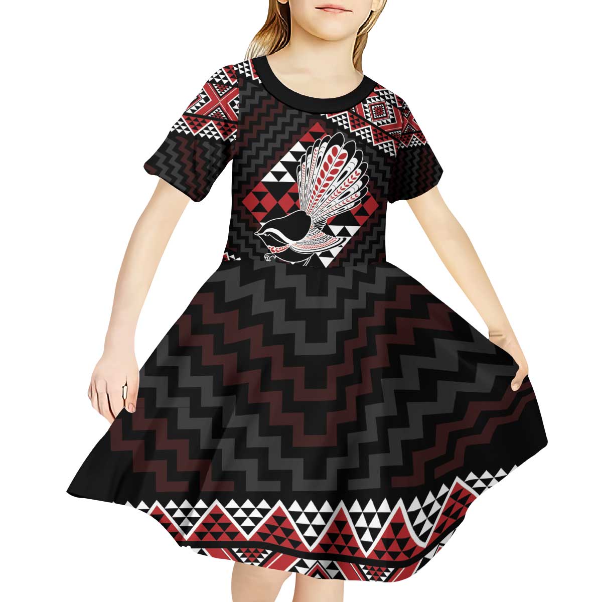 Taniko Aotearoa Kid Short Sleeve Dress Poutama Mix Piwakawaka - Vibe Hoodie Shop