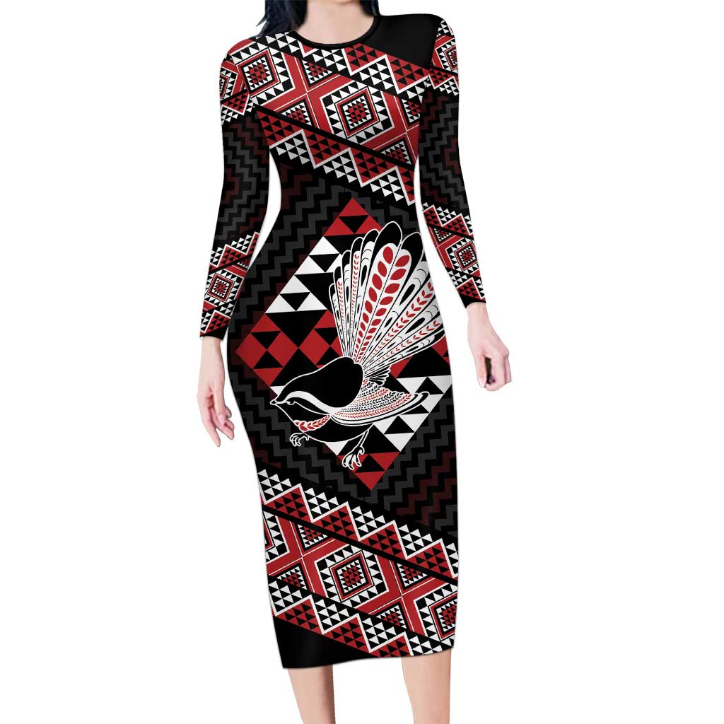 Taniko Aotearoa Long Sleeve Bodycon Dress Poutama Mix Piwakawaka