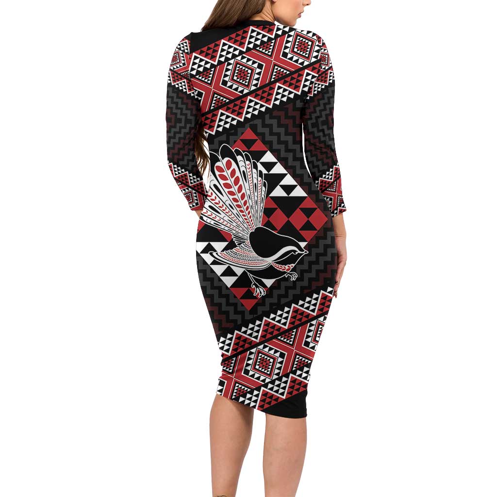 Taniko Aotearoa Long Sleeve Bodycon Dress Poutama Mix Piwakawaka