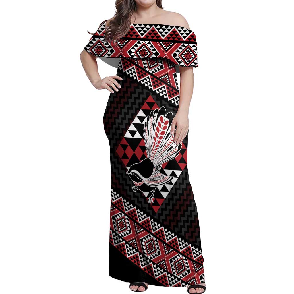 Taniko Aotearoa Off Shoulder Maxi Dress Poutama Mix Piwakawaka