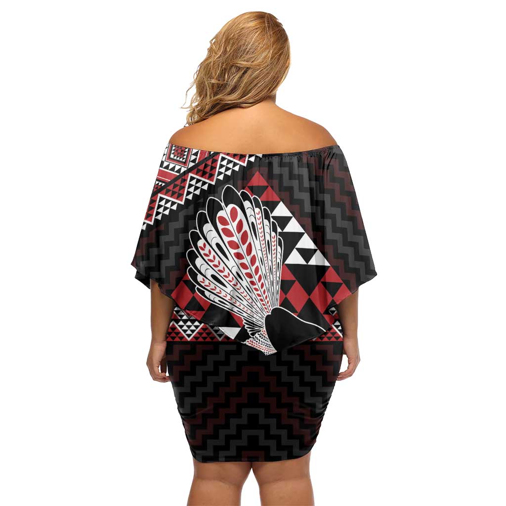 Taniko Aotearoa Off Shoulder Short Dress Poutama Mix Piwakawaka