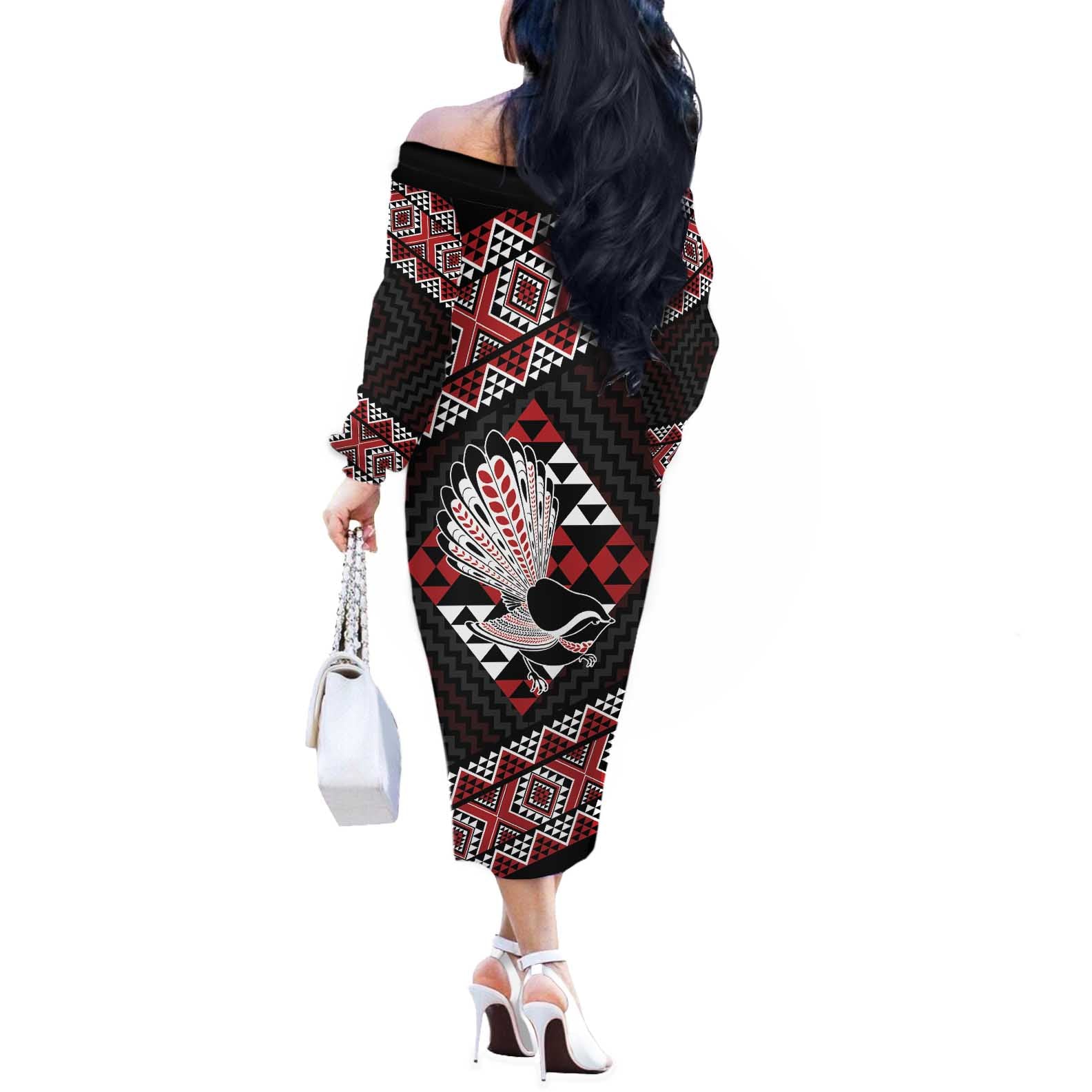 Taniko Aotearoa Off The Shoulder Long Sleeve Dress Poutama Mix Piwakawaka