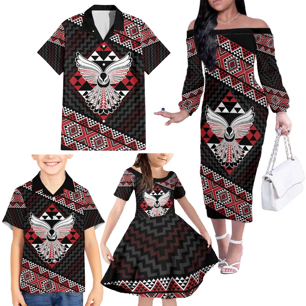 Taniko Aotearoa Family Matching Off The Shoulder Long Sleeve Dress and Hawaiian Shirt Poutama Mix Piwakawaka - Ver02