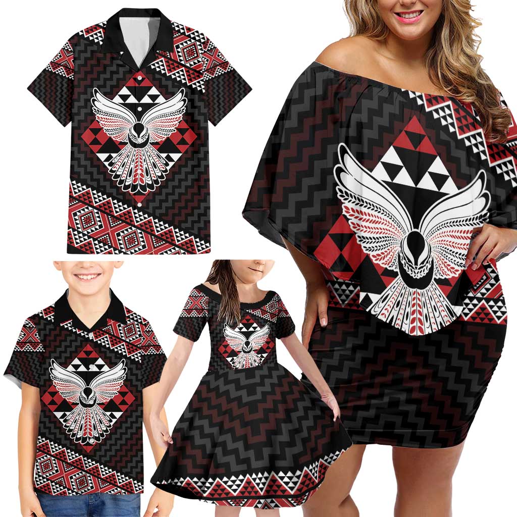 Taniko Aotearoa Family Matching Off Shoulder Short Dress and Hawaiian Shirt Poutama Mix Piwakawaka - Ver02