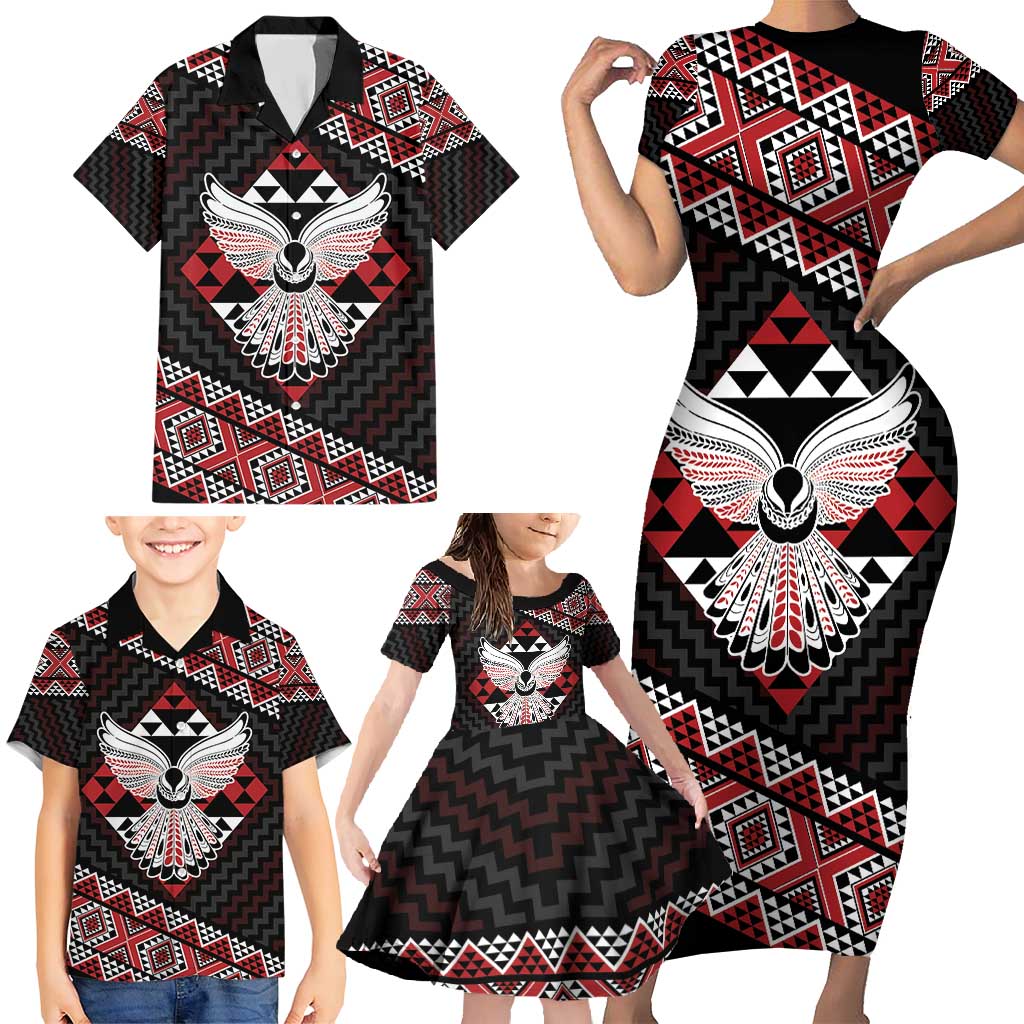 Taniko Aotearoa Family Matching Short Sleeve Bodycon Dress and Hawaiian Shirt Poutama Mix Piwakawaka - Ver02