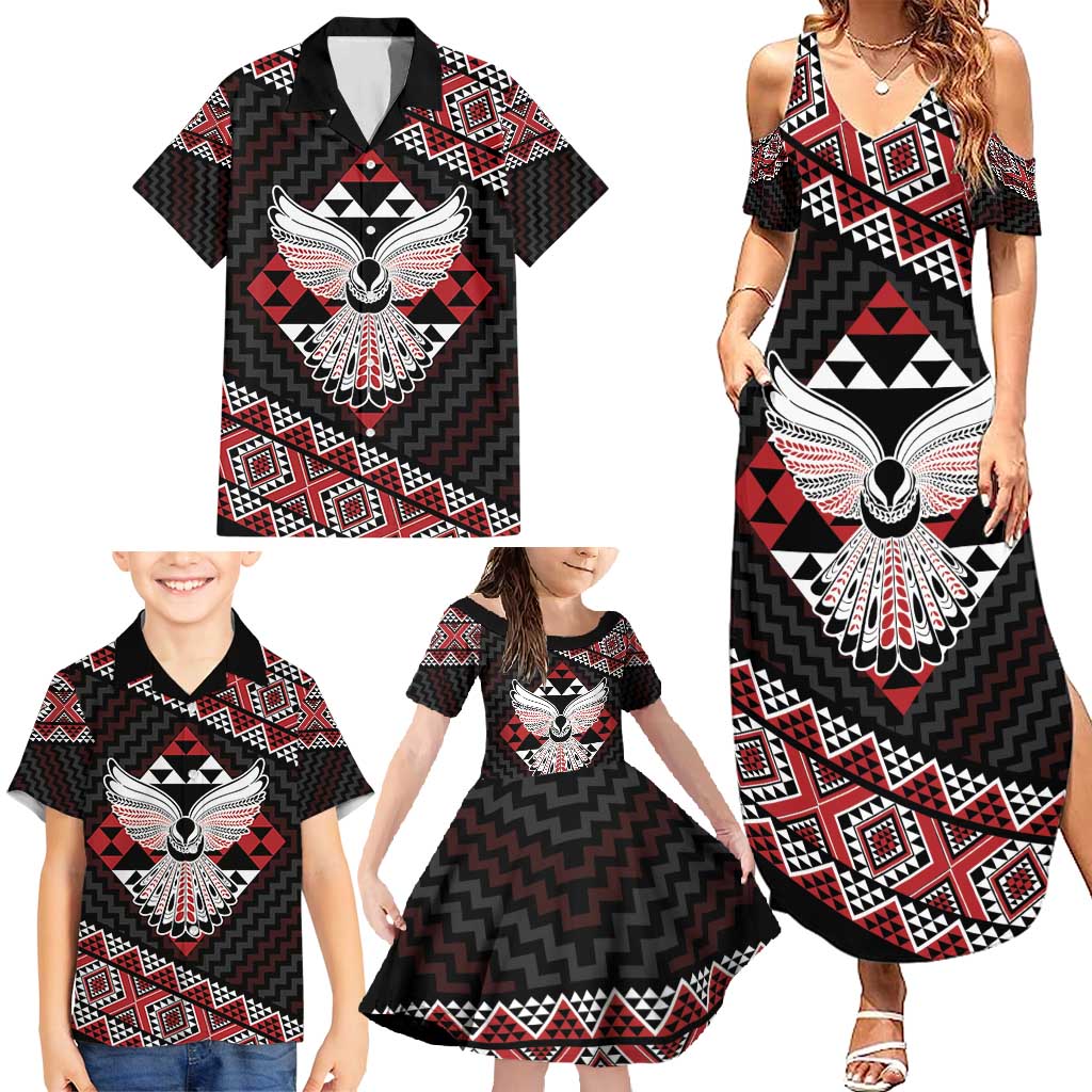 Taniko Aotearoa Family Matching Summer Maxi Dress and Hawaiian Shirt Poutama Mix Piwakawaka - Ver02