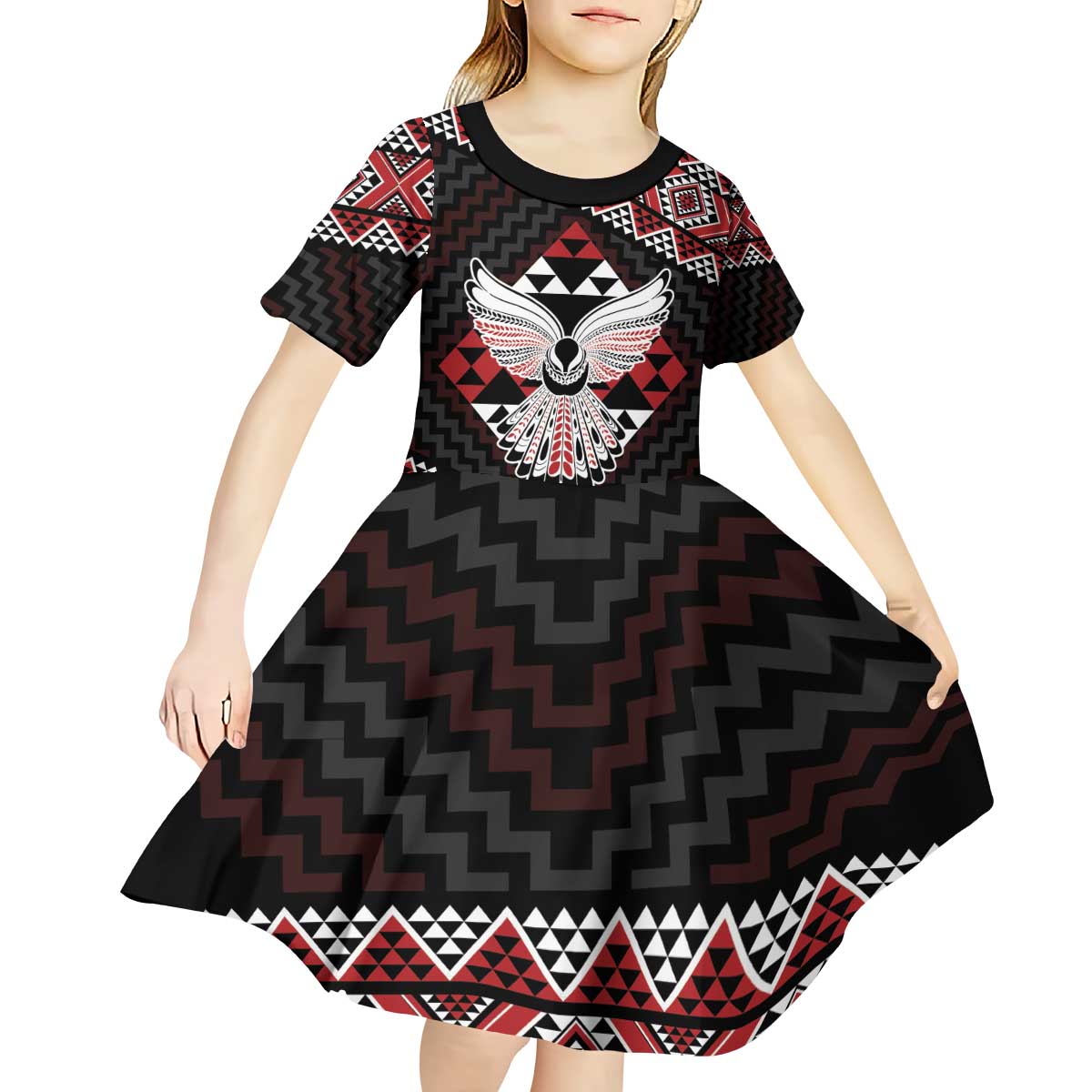 Taniko Aotearoa Kid Short Sleeve Dress Poutama Mix Piwakawaka - Ver02 - Vibe Hoodie Shop