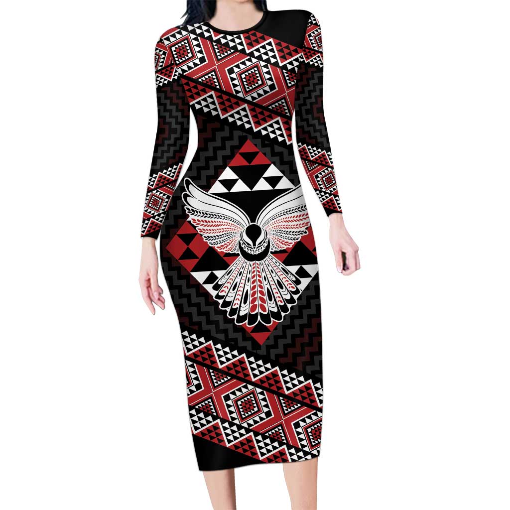 Taniko Aotearoa Long Sleeve Bodycon Dress Poutama Mix Piwakawaka - Ver02