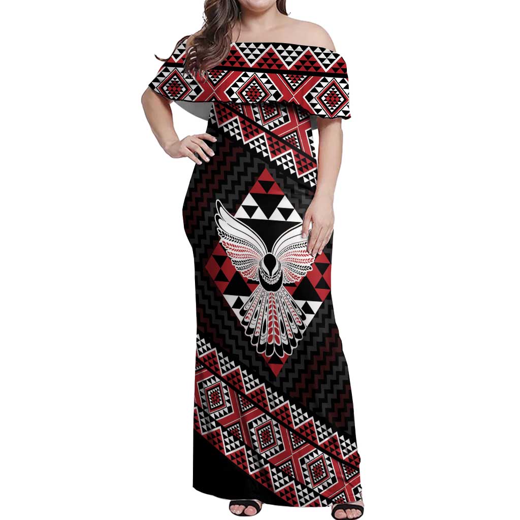 Taniko Aotearoa Off Shoulder Maxi Dress Poutama Mix Piwakawaka - Ver02