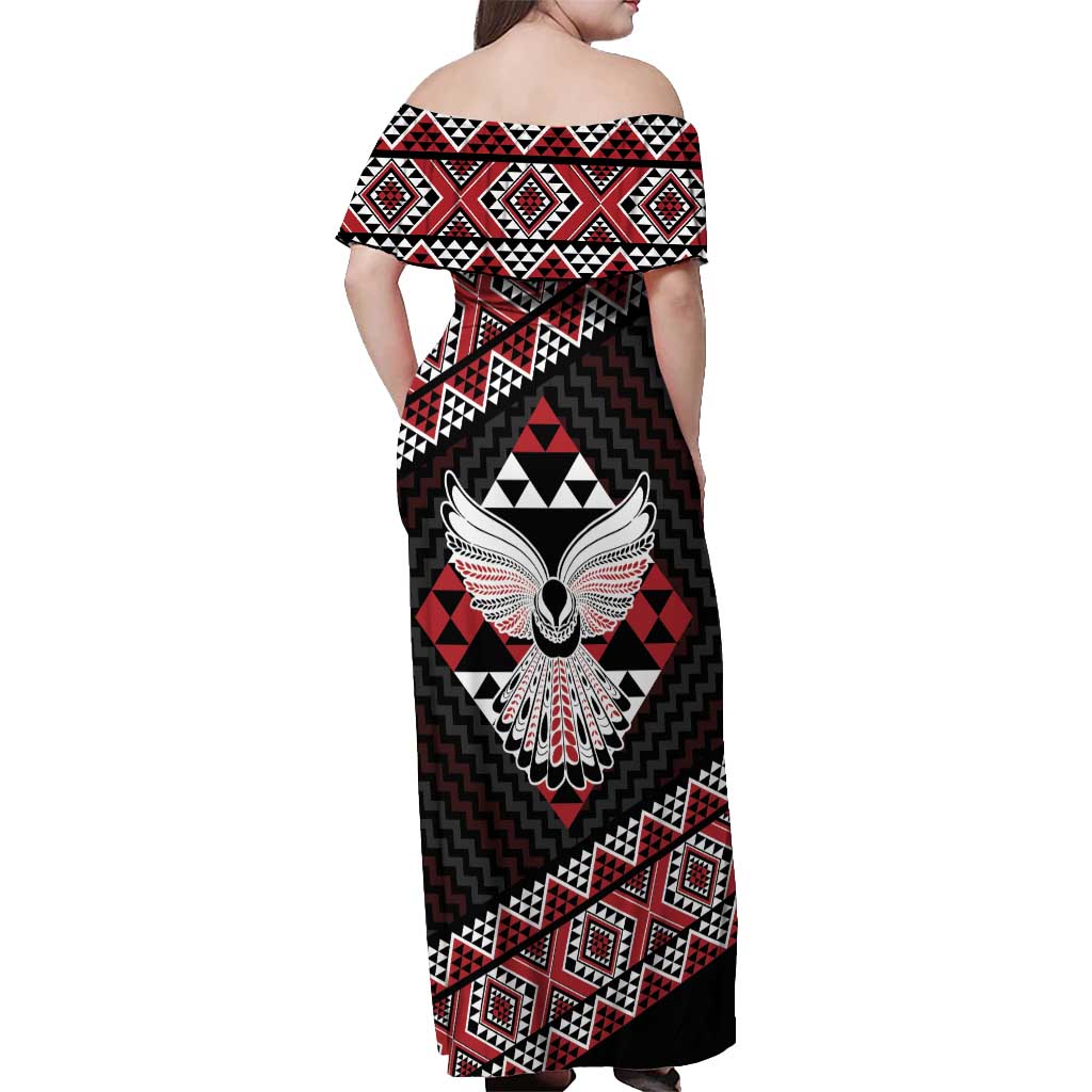 Taniko Aotearoa Off Shoulder Maxi Dress Poutama Mix Piwakawaka - Ver02