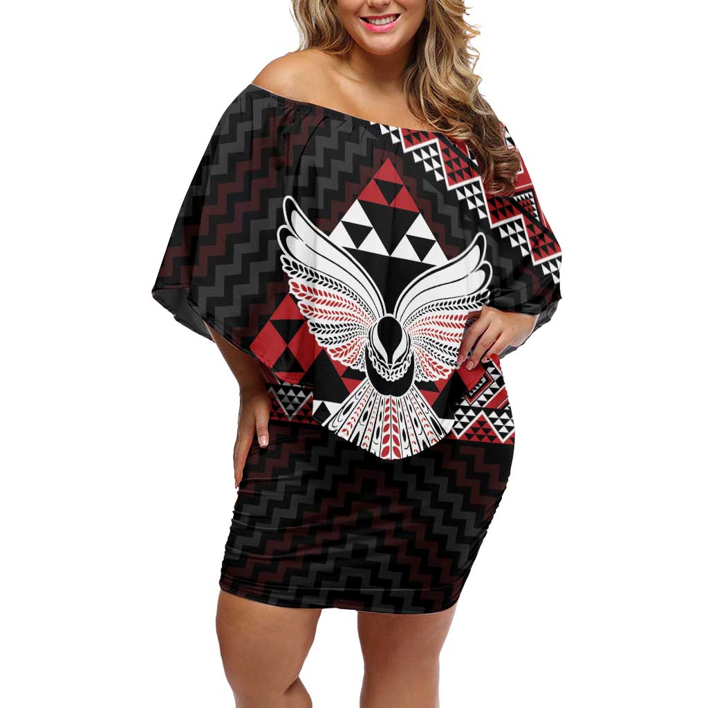 Taniko Aotearoa Off Shoulder Short Dress Poutama Mix Piwakawaka - Ver02