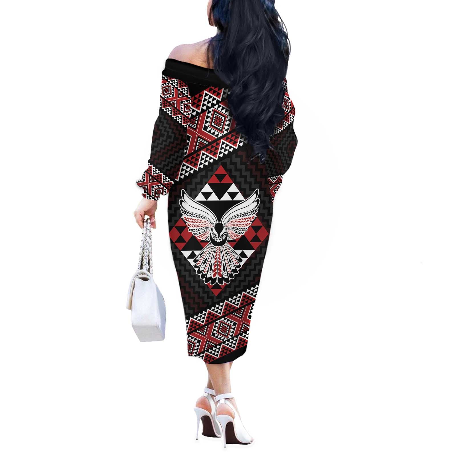 Taniko Aotearoa Off The Shoulder Long Sleeve Dress Poutama Mix Piwakawaka - Ver02