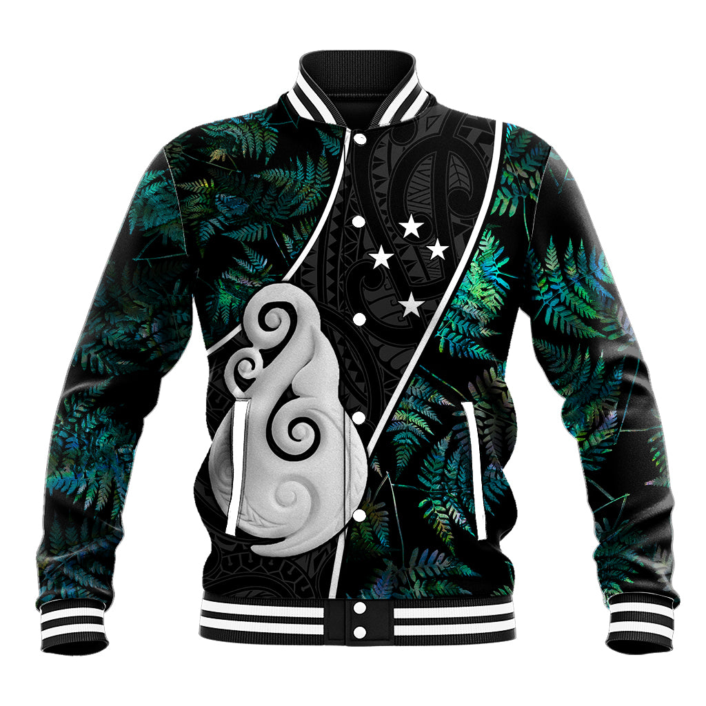 Personalised New Zealand Baseball Jacket Paua Shell Maori Manaia with Silver Ferns - Vibe Hoodie Shop