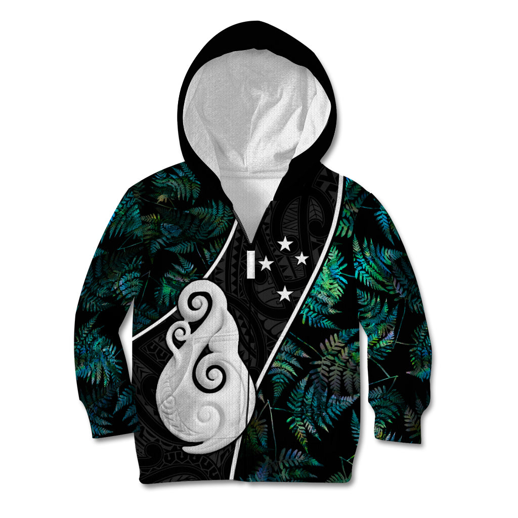 Personalised New Zealand Kid Hoodie Paua Shell Maori Manaia with Silver Ferns - Vibe Hoodie Shop