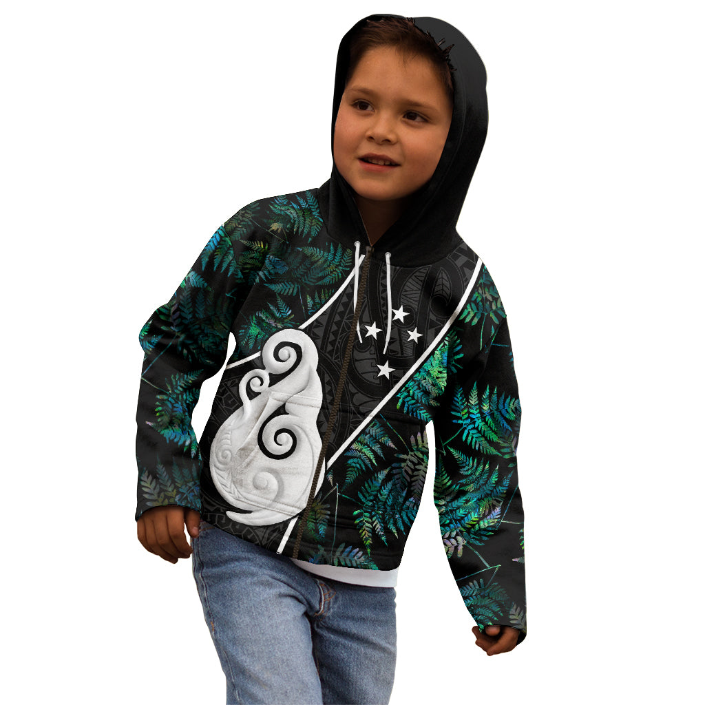 Personalised New Zealand Kid Hoodie Paua Shell Maori Manaia with Silver Ferns - Vibe Hoodie Shop