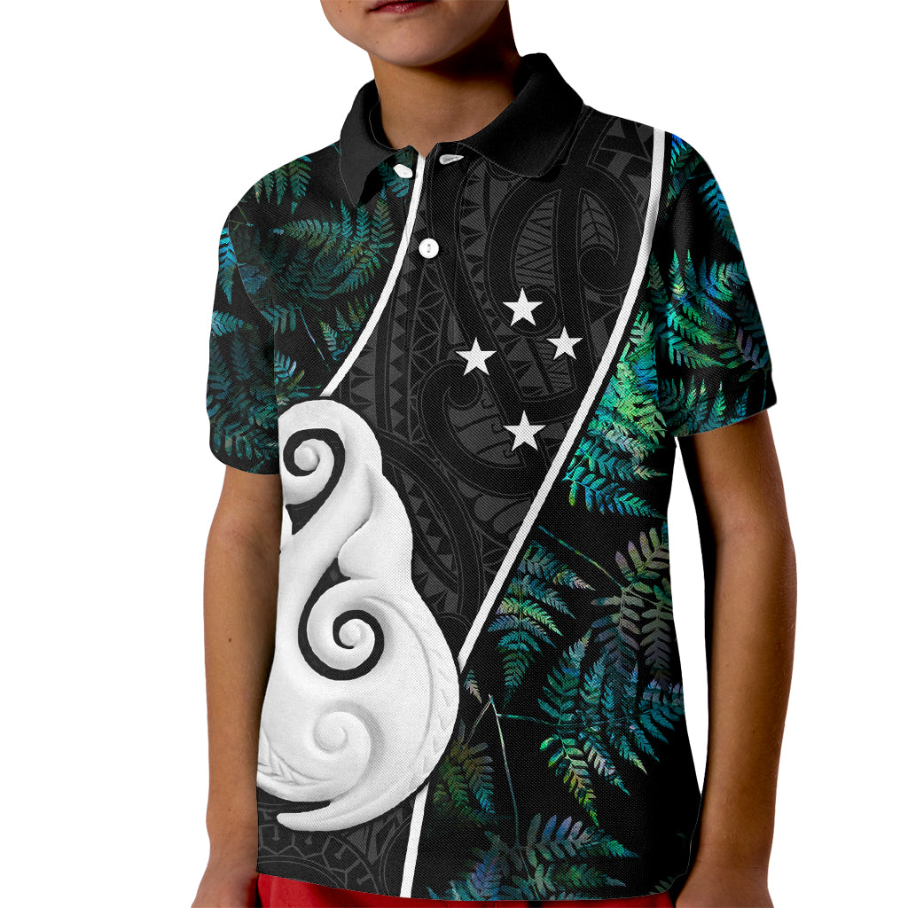 Personalised New Zealand Kid Polo Shirt Paua Shell Maori Manaia with Silver Ferns - Vibe Hoodie Shop