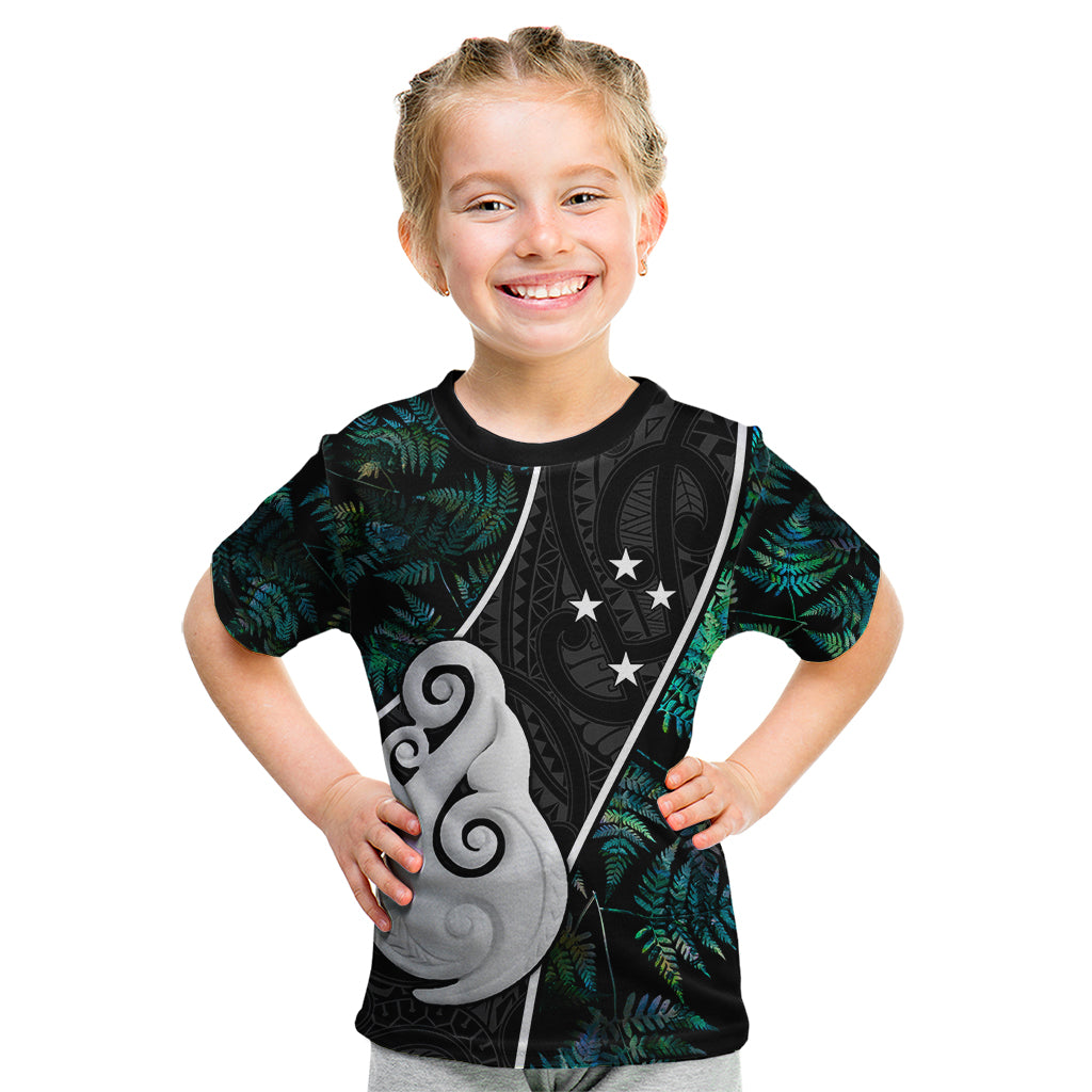 Personalised New Zealand Kid T Shirt Paua Shell Maori Manaia with Silver Ferns - Vibe Hoodie Shop