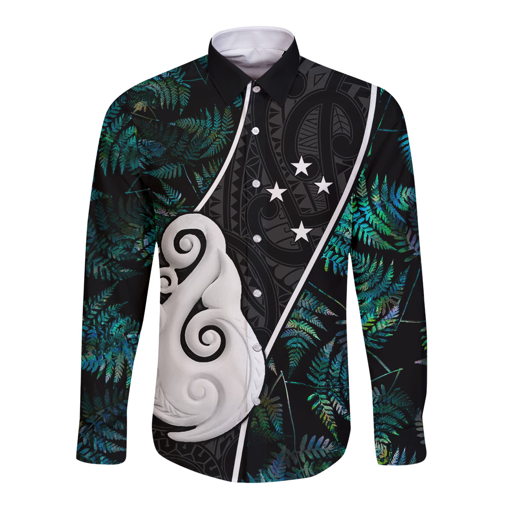 Personalised New Zealand Long Sleeve Button Shirt Paua Shell Maori Manaia with Silver Ferns - Vibe Hoodie Shop