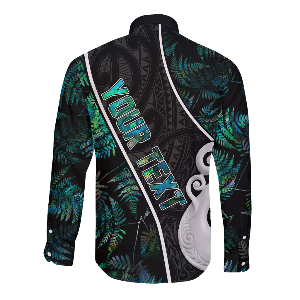 Personalised New Zealand Long Sleeve Button Shirt Paua Shell Maori Manaia with Silver Ferns - Vibe Hoodie Shop